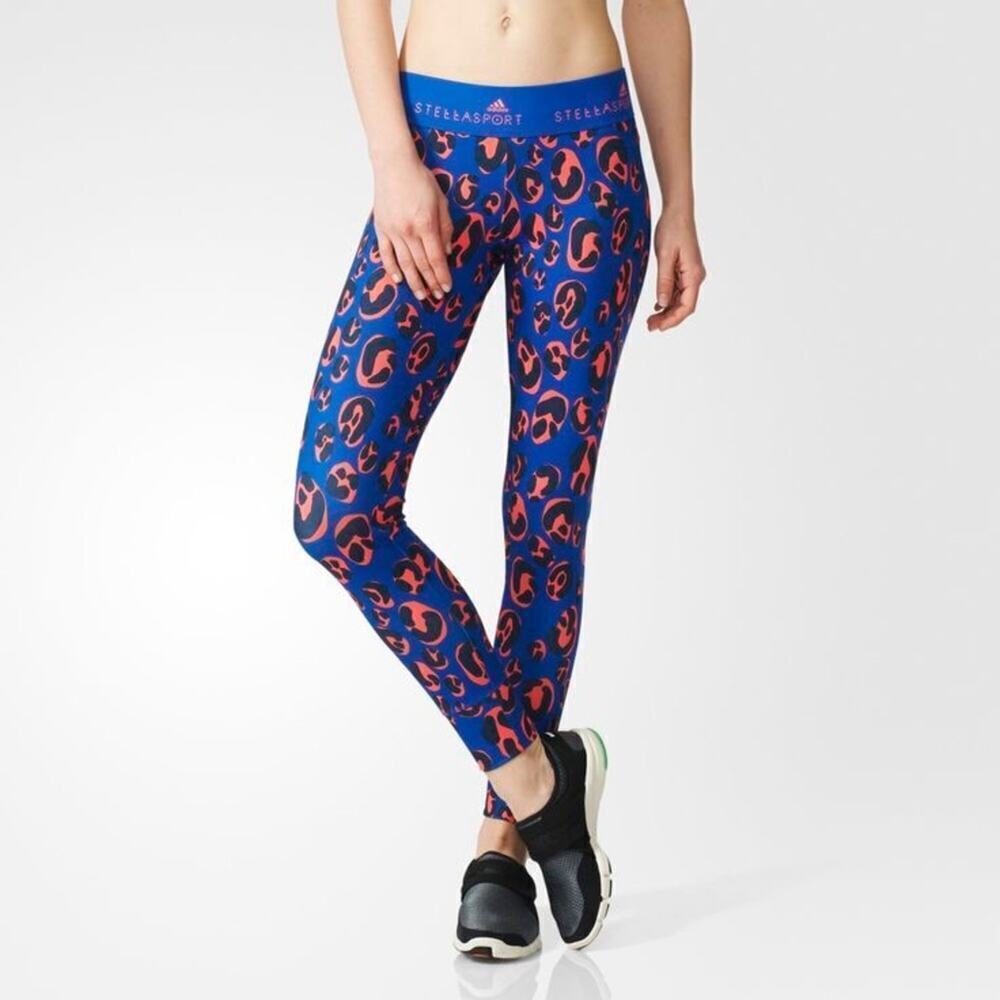 Adidas x Stella McCartney smiley face Graphic Tights 7/8 Leggins Blue Orange L